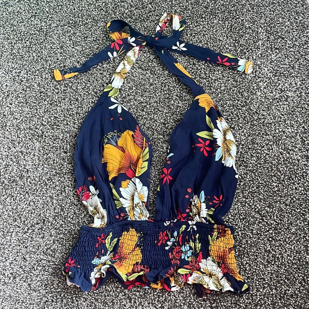 SHEIN Halter Neck Blue Floral Print Crop Top Size S